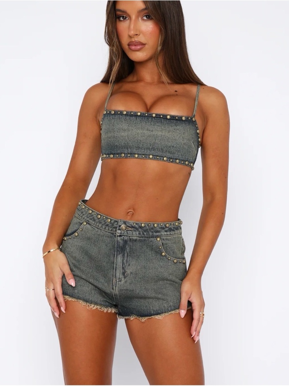 White Fox Boutique Studded Denim Crop Top & High-Waist Shorts - Get Shaky Set